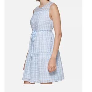 Calvin Klein Dress Women's 14 Gingham Seersucker A-Line Blue White Baby Doll